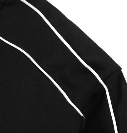 Embroidered Distressed Sweatshirt showing the black fabric with contrasting white stitching detail.