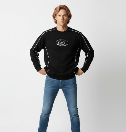 Embroidered Distressed Sweatshirt worn by a man, featuring black fabric and sporty design elements.