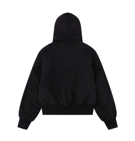 Embroidered Hooded Coat – Loose Fit, black hooded coat, back view, women's winter fashion