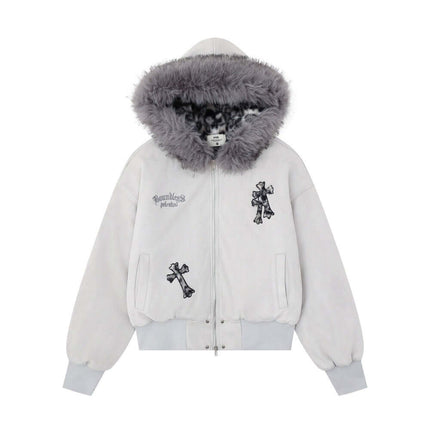 Embroidered Hooded Coat – Loose Fit with cross embroidery and fur collar, perfect for stylish winter warmth.