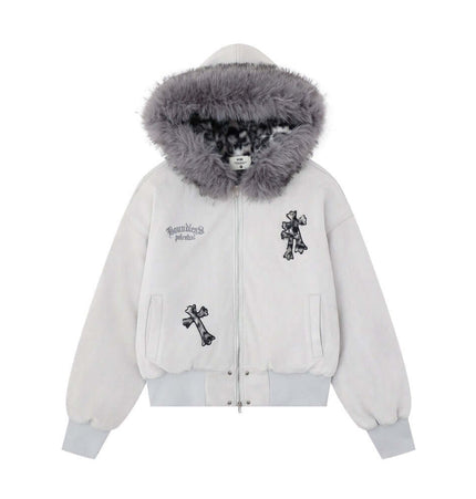 Embroidered Hooded Coat – Loose Fit with cross embroidery and fur collar, perfect for stylish winter warmth.