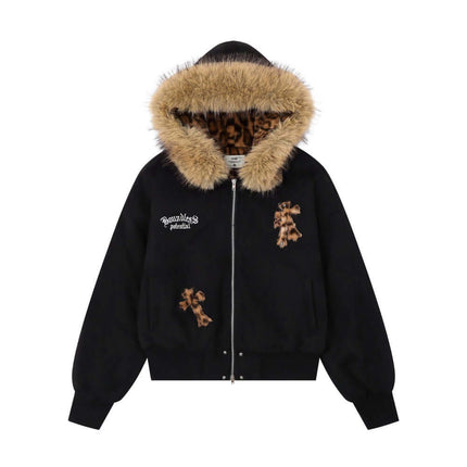 Embroidered Hooded Coat – Loose Fit with fur collar and cross embroidery design.