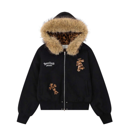 Embroidered Hooded Coat – Loose Fit with fur collar and cross embroidery design.