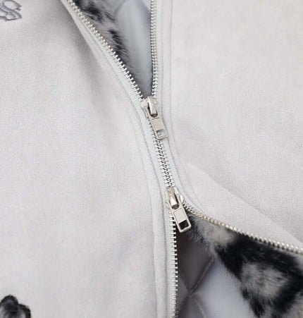 Embroidered Hooded Coat – Loose Fit zipper detail view showing embroidery and fur collar