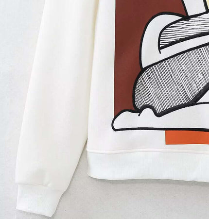 Embroidered Pattern Hoodie – Loose Fit, close-up of the white design with colorful graphic detail.