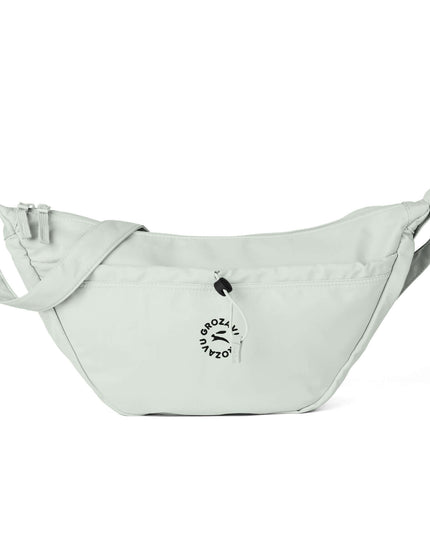 Maison Grozavu Elevated Quartz Crossbody in Green — front view showing the clean construction and premium fabric drape