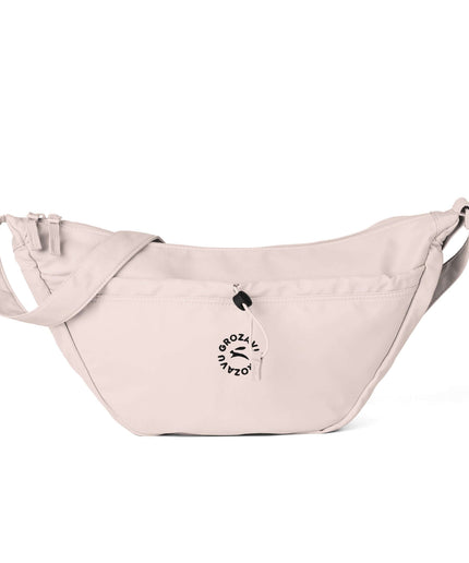 Maison Grozavu Elevated Quartz Crossbody — rear view displaying the back panel detailing and structured hemline in neutral