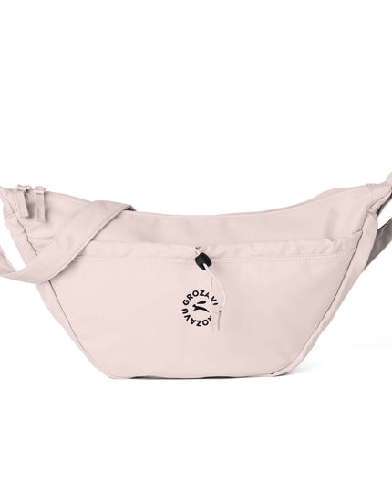 Maison Grozavu Elevated Quartz Crossbody — rear view displaying the back panel detailing and structured hemline in neutral