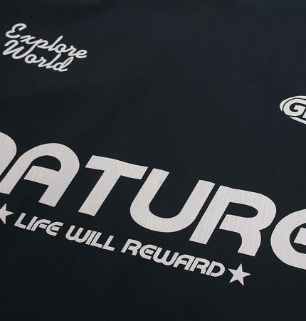Long Sleeve Tactical TShirt featuring Explore World and Nature Life Will Reward design on a black background.