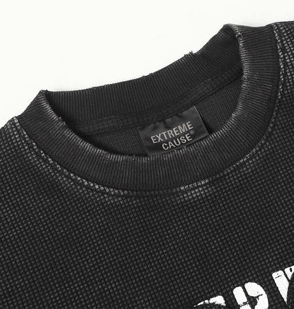 Close-up of the collar of a Retro Waffle Washed Cotton TShirt, showcasing textured fabric and classic design.