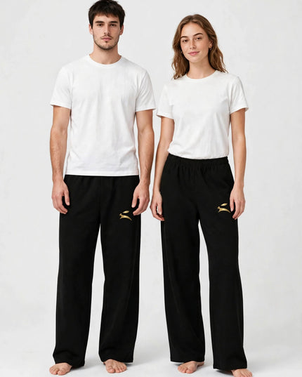 Everyday wide-leg pants in 300 g/m² cotton stretch, studio duo shot