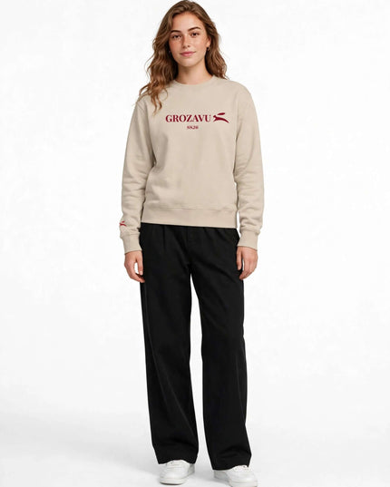 Lookbook portrait in the Desert Dust brushed fleece crewneck