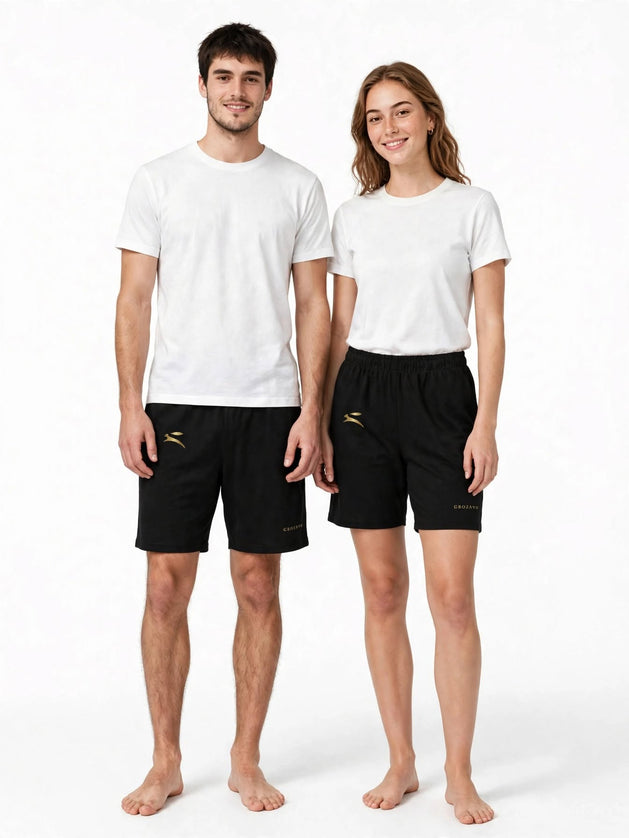 Long shorts in 300 g/m² cotton stretch, studio shot on two models