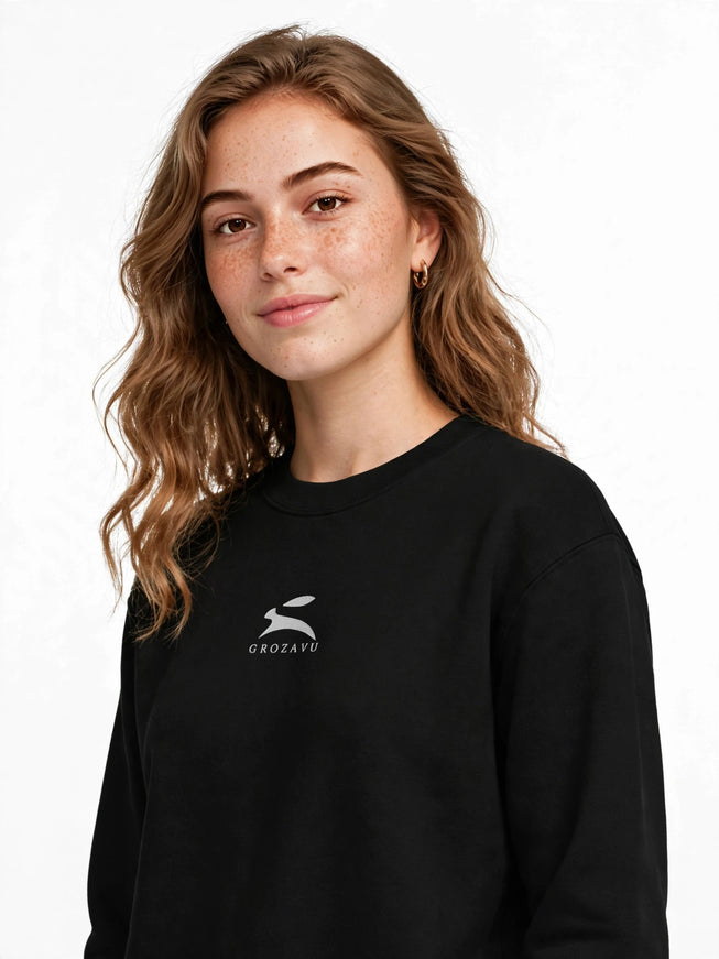 Black 350 g/m² organic cotton crewneck, studio front view