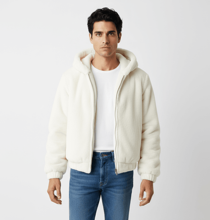 Faux Fur Hooded Winter Coat worn by a man, featuring a cozy and stylish design with a hood and white color.