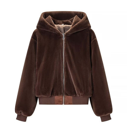 Faux Fur Hooded Winter Coat featuring a brown color, stylish design, and cozy, loose fit for women.