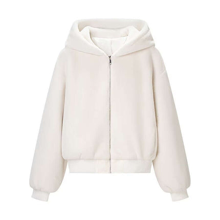 Faux Fur Hooded Winter Coat in white with a cozy design and loose fit silhouette for women's winter fashion.