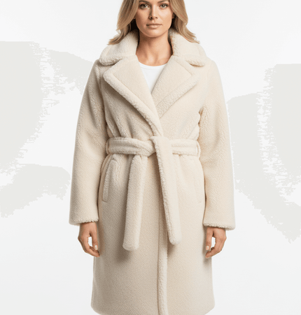 Faux Fur Waistcoat Jacket – Slim Fit in elegant white with a belted waist and turn-down collar for winter style.