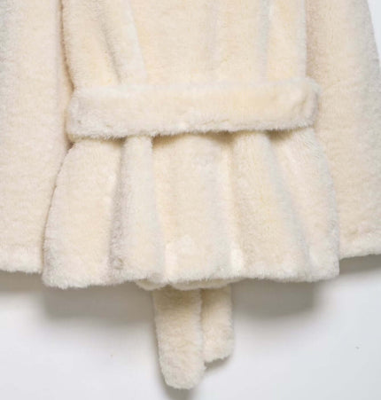 Faux Fur Waistcoat Jacket – Slim Fit showcasing soft white fabric, elegant turn-down collar, and flattering waistband design.