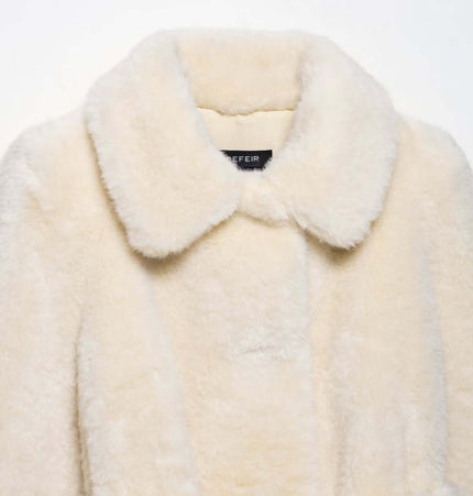 Faux Fur Waistcoat Jacket – Slim Fit featuring a soft beige color and elegant turn-down collar.