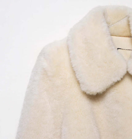Faux Fur Waistcoat Jacket – Slim Fit with elegant turn-down collar in soft white fur texture.