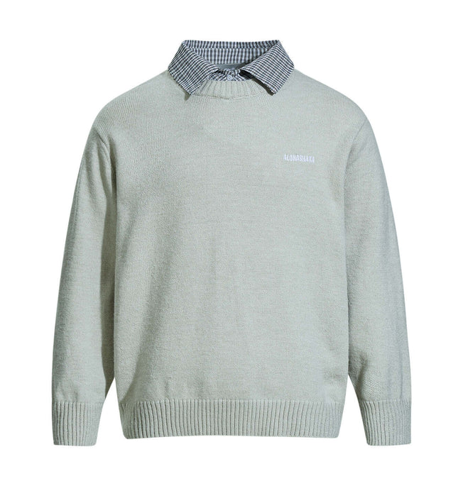 Faux Layered Knit Sweater with Collar in light gray featuring a stylish faux two-piece shirt collar for casual winter wear