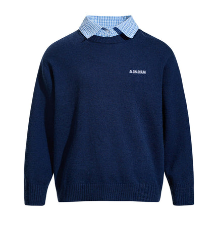 Faux Layered Knit Sweater with Collar featuring a blue checkered shirt collar and a stylish navy knit design.