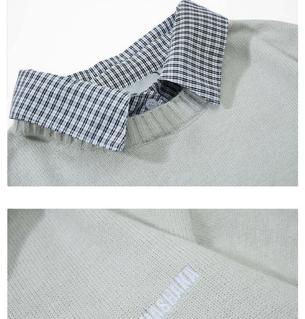 Faux Layered Knit Sweater with Collar showcasing flip collar and knit texture, perfect for winter styling.