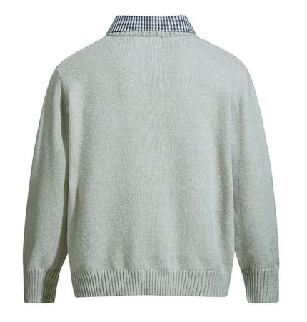 Faux Layered Knit Sweater with Collar, back view showcasing the shirt collar design and thick knit fabric.
