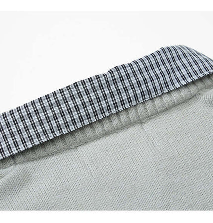 Faux Layered Knit Sweater with Collar showing the stylish plaid collar detail from the back.