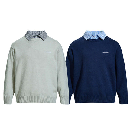 Faux Layered Knit Sweater with Collar in light gray and navy, featuring a faux shirt collar for a stylish layered look.