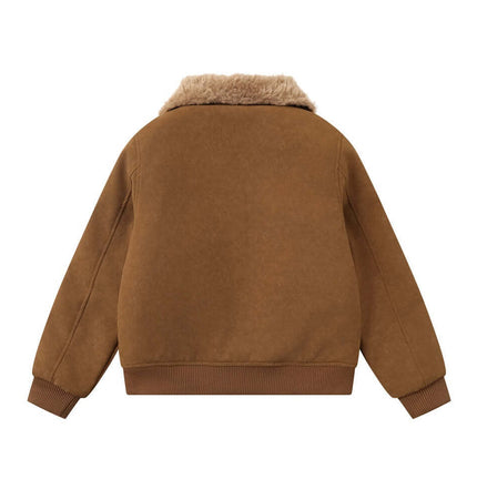 Back view of Faux Suede Fur Collar Jacket – Loose Fit showing plush fur collar and relaxed silhouette.