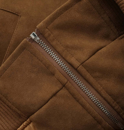 Close-up view of the zipper and fabric detail on the Faux Suede Fur Collar Jacket – Loose Fit.