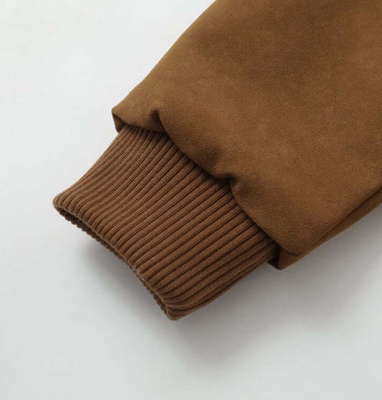 Faux Suede Fur Collar Jacket – Loose Fit sleeve detail showcasing ribbed cuff and soft faux suede material.