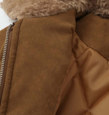 Faux Suede Fur Collar Jacket – Loose Fit interior detail showing plush lining and zipper.