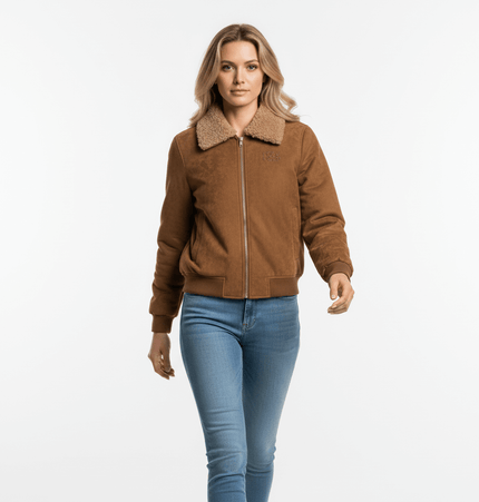 Faux Suede Fur Collar Jacket – Loose Fit worn by a woman, showcasing its stylish design and plush collar.