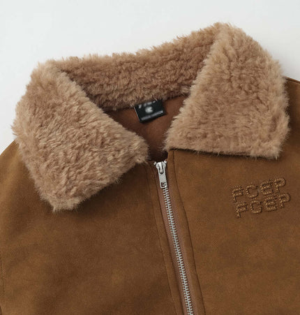 Faux Suede Fur Collar Jacket – Loose Fit featuring a soft fur-lined collar and premium faux suede texture.