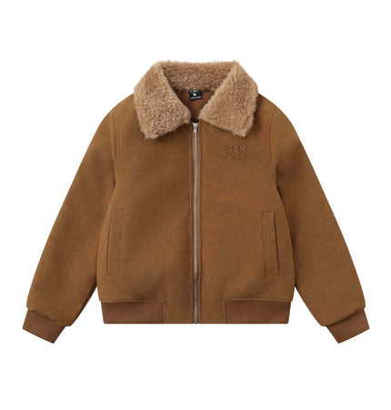 Faux Suede Fur Collar Jacket – Loose Fit in brown with plush collar, perfect for bold winter streetwear.