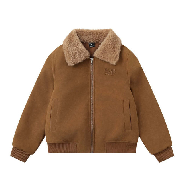 Faux Suede Fur Collar Jacket – Loose Fit in brown with plush collar, perfect for bold winter streetwear.