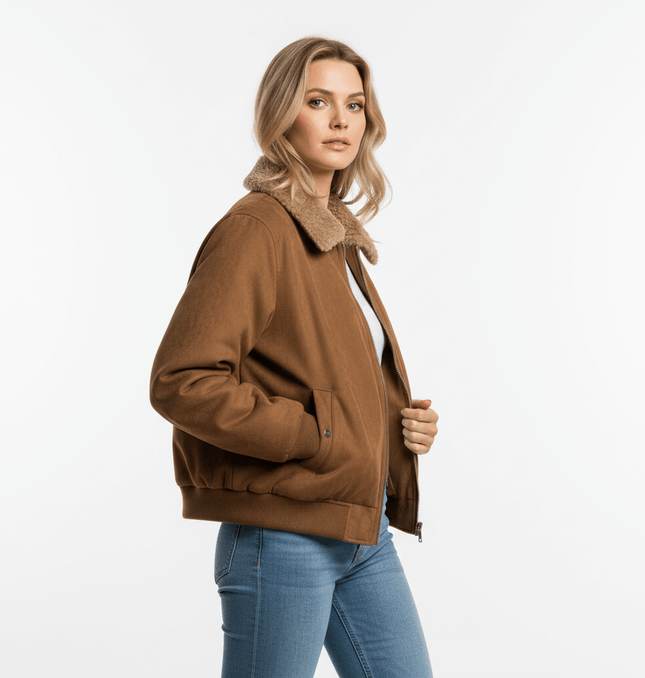 Faux Suede Fur Collar Jacket – Loose Fit modeled by a woman, featuring a stylish fur collar and relaxed fit.