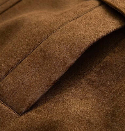 Close-up of soft, brown faux suede fabric showcasing the texture and material for the Faux Suede Stand Collar Jacket – Loose Fit.