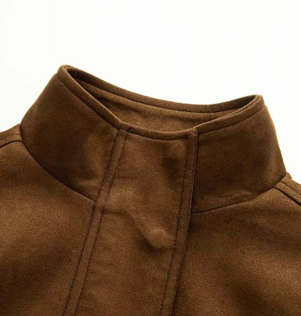 Faux Suede Stand Collar Jacket – Loose Fit close-up of collar in brown