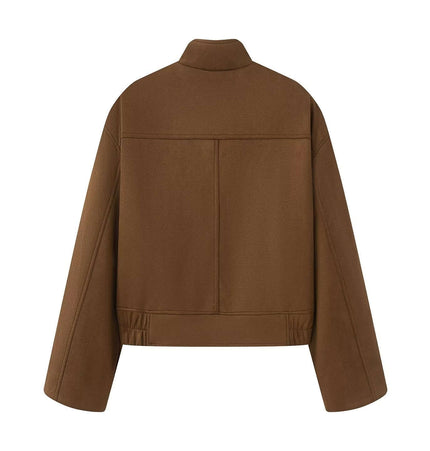 Faux Suede Stand Collar Jacket – Loose Fit, back view showcasing brown color and relaxed design.