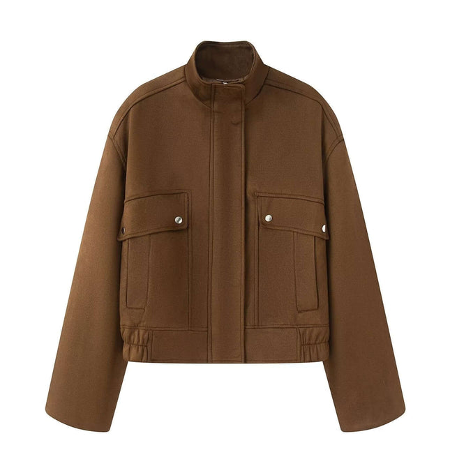 Faux Suede Stand Collar Jacket – Loose Fit in brown featuring a casual and relaxed silhouette with pockets.