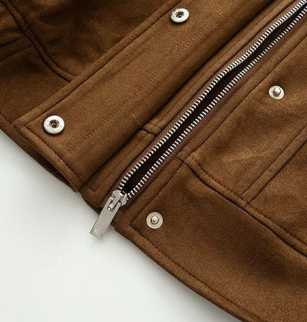 Faux Suede Stand Collar Jacket – Loose Fit showing a detailed view of the zipper and button closure.