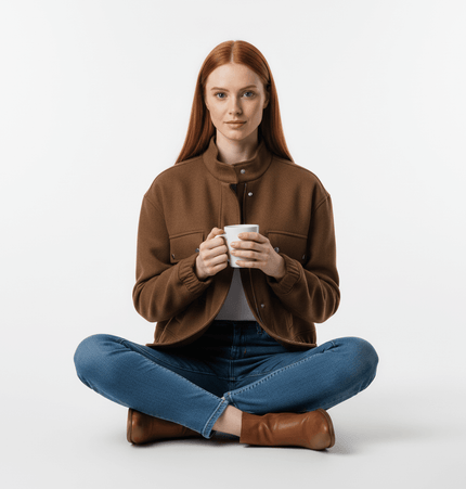 Woman wearing a Faux Suede Stand Collar Jacket – Loose Fit, sitting cross-legged holding a cup.