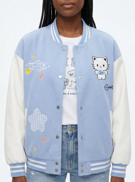 Chaqueta de Béisbol Linda con Bordado de Gato Imprescindible