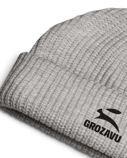 Grozavu Fisherman Beanie, Athletic Heather, close-up of the wide ribbed knit