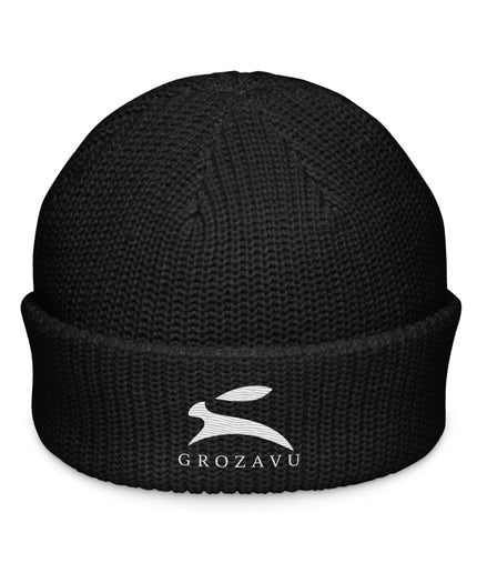 Grozavu Fisherman Beanie in black with the hare embroidered on the cuff, front view