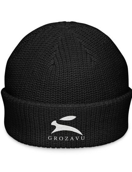 Grozavu Fisherman Beanie in black with the hare embroidered on the cuff, front view